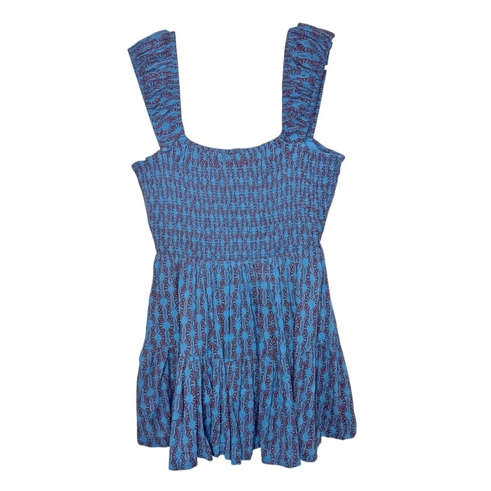 Free People Sweet Annie Mini Dress Blue Print Smocked Tiered Square Neck Womens - Picture 3 of 5